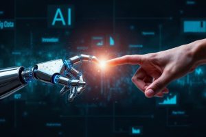 A futuristic visual representation of human-AI collaboration, showing a human hand reaching out to touch a robotic hand with a glowing light at the connection point. The background features digital data and technology-related terms like "AI" and "Big Data," symbolizing innovation and the integration of the best AI tools in modern technology.