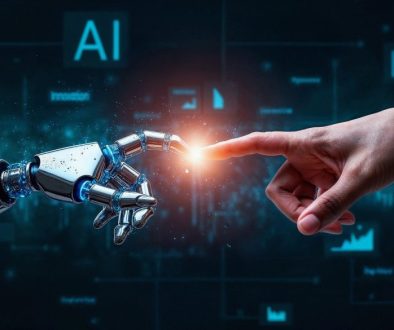 A futuristic visual representation of human-AI collaboration, showing a human hand reaching out to touch a robotic hand with a glowing light at the connection point. The background features digital data and technology-related terms like "AI" and "Big Data," symbolizing innovation and the integration of the best AI tools in modern technology.
